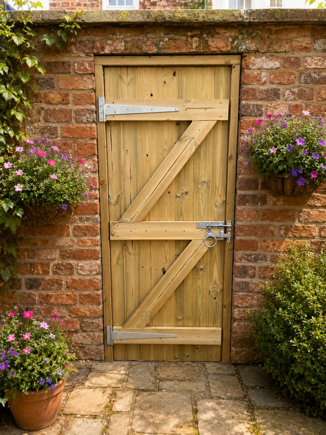 Made-to-measure timber garden gate fitted in a brick wall